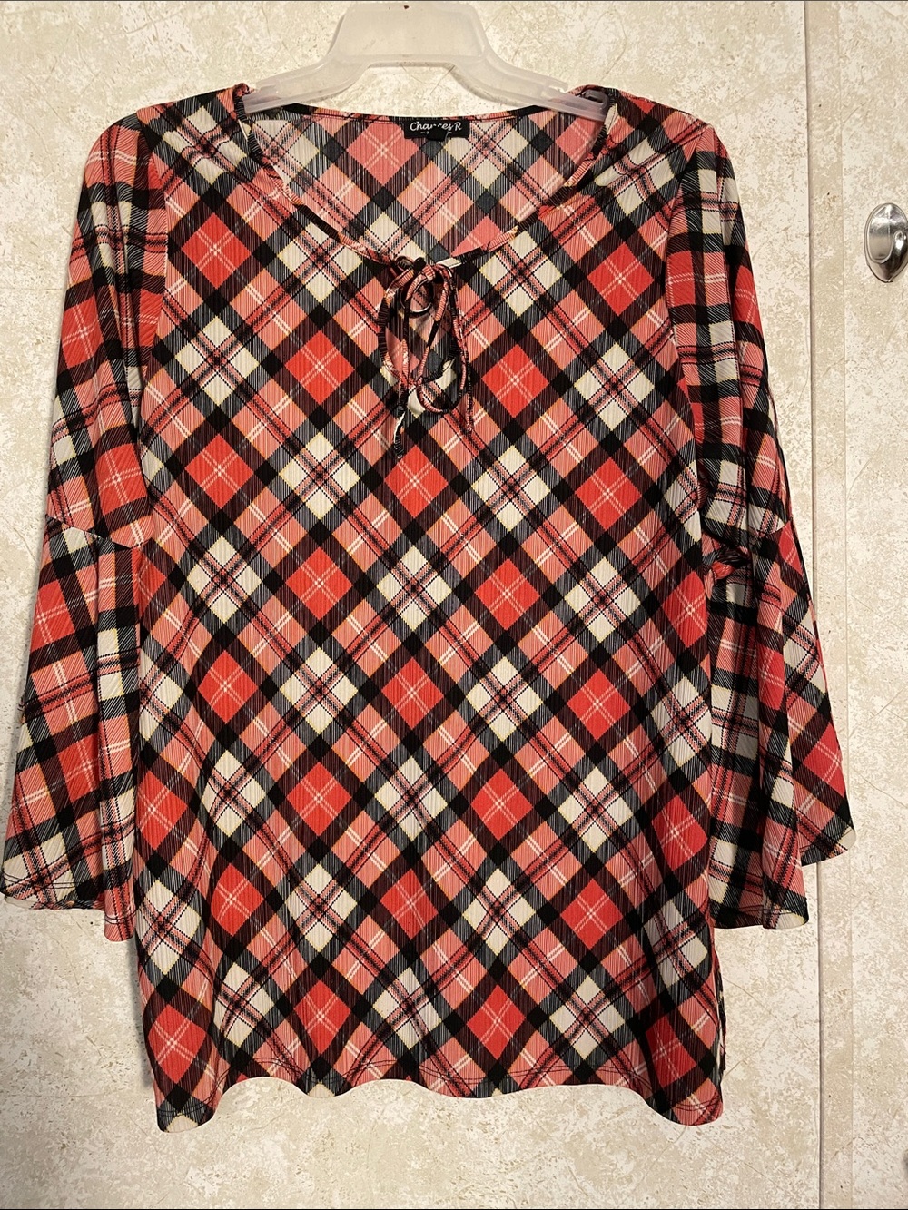 Chances R Plus Coral, Cream and Black Plaid Flutter Sleeves Tunic